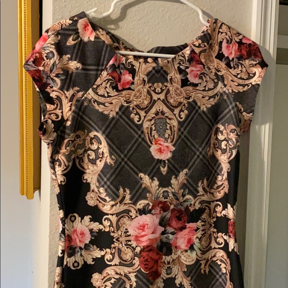 Black gray gold floral midi dress